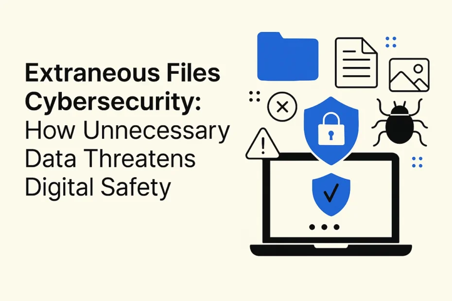 Illustration showing extraneous files cybersecurity concept with folders, shields, and malware icons protecting digital data.