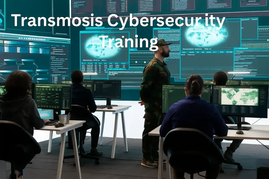 Transmosis Cybersecurity Training students learning cyber defense skills in a professional tech lab.