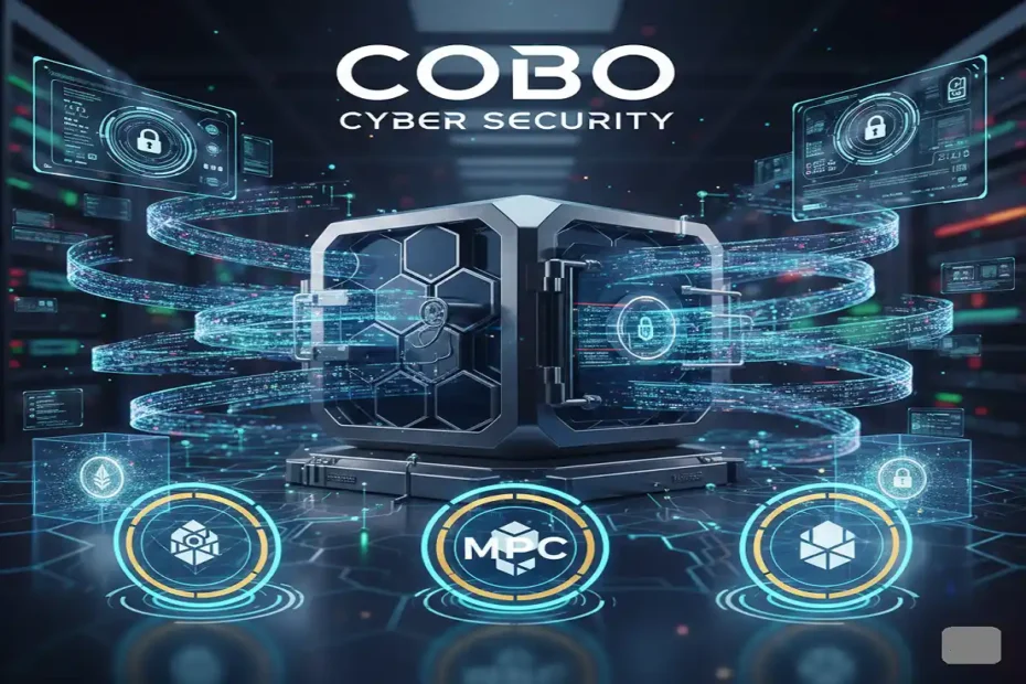Cobo cyber security digital vault illustration with lock, shield, and blockchain protection icons.