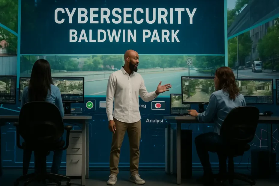 Cybersecurity Baldwin Park team monitoring digital systems in a high-tech operations center.