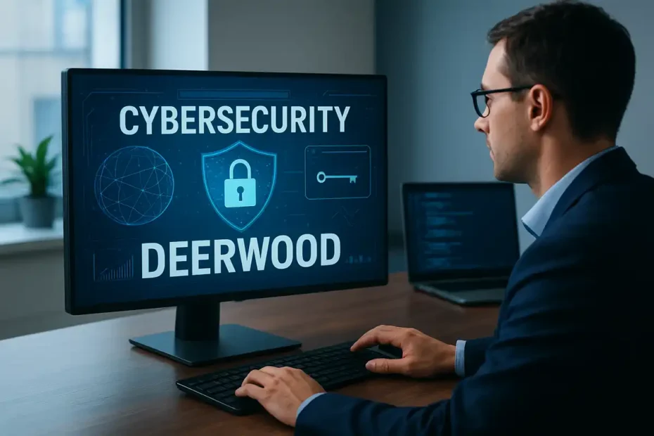 A cybersecurity expert working on a computer screen displaying the words “Cybersecurity Deerwood” in a modern office setting.