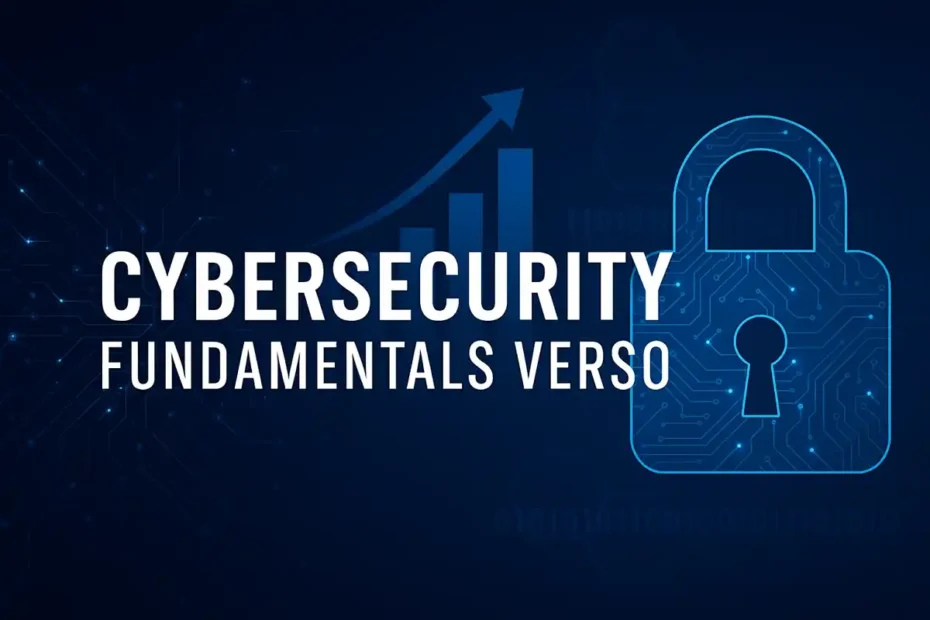 A digital network with a glowing lock symbol representing Cybersecurity Fundamentals Verso and data protection.