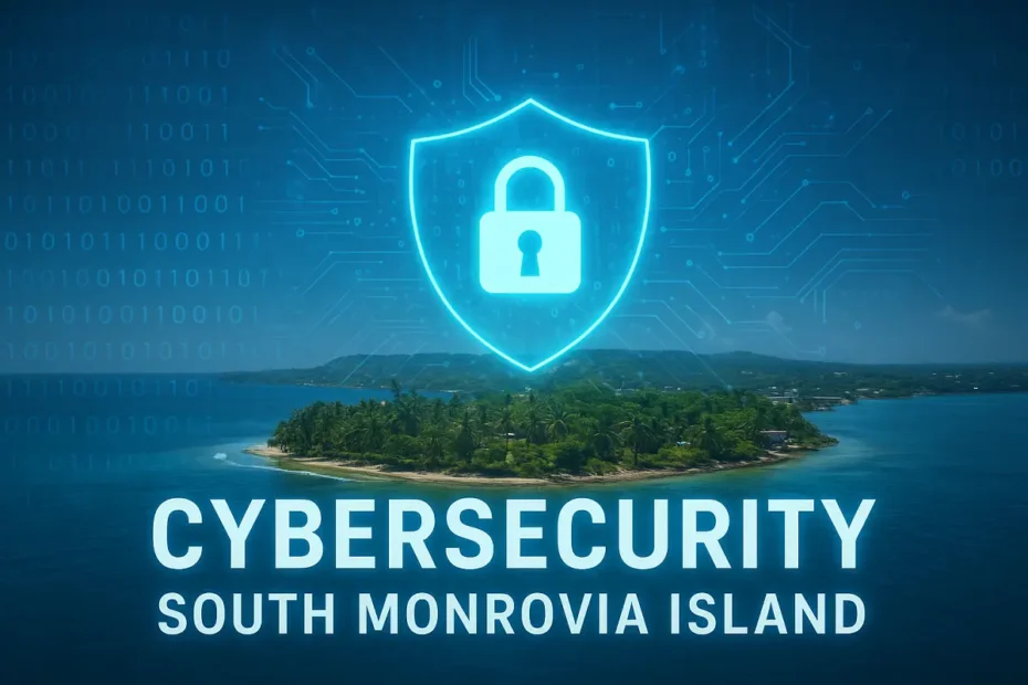 Cybersecurity South Monrovia Island digital protection concept with secure network shield over tropical island.