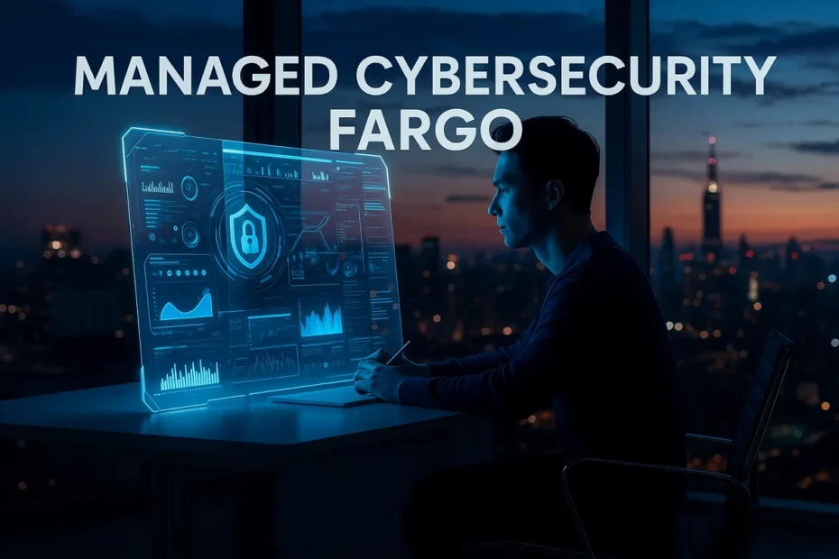 Futuristic digital interface displaying data security visuals representing managed cybersecurity Fargo.