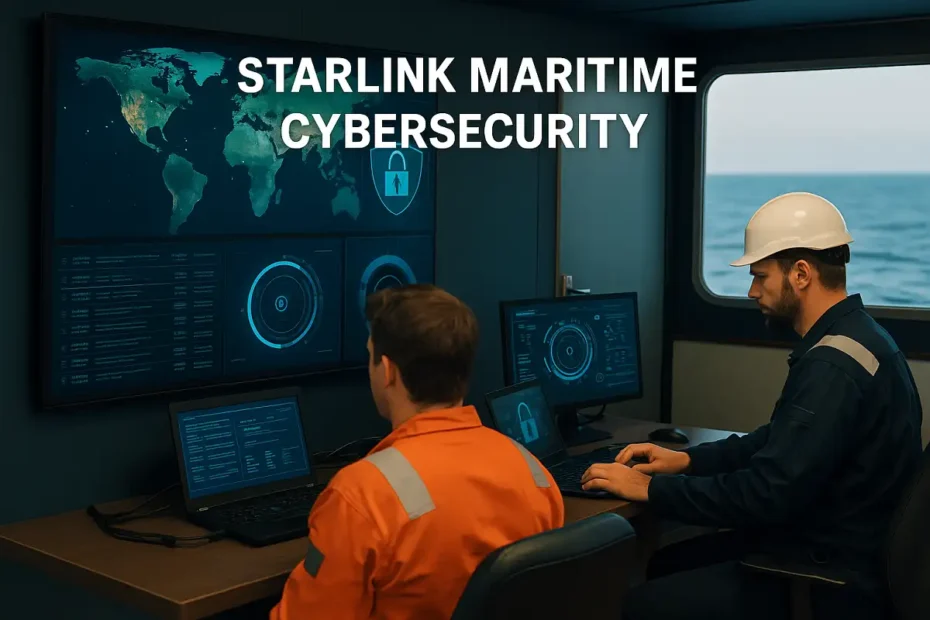 Crew using Starlink Maritime Cybersecurity system to safeguard ship communication and data at sea.
