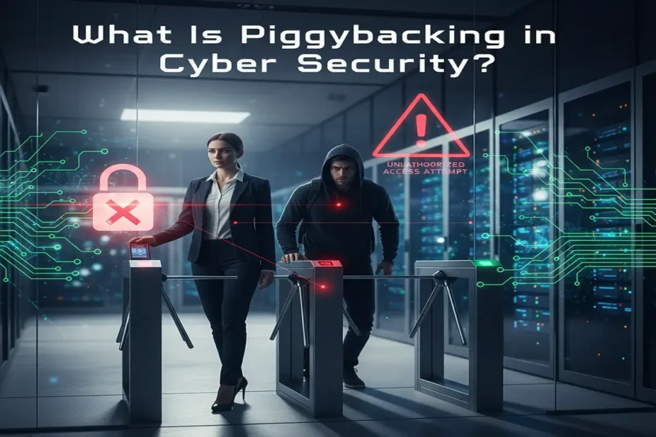 Employee preventing unauthorized access: what is piggybacking in cyber security.